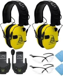 Walkers Razor Shooting Muff (Don't Tread On Me Yellow) (2-Pack) Bundle with Walkie Talkie (2-Pack), Glasses (2-Pack) and Microfiber Cloth (2-Pack) (8 Items)
