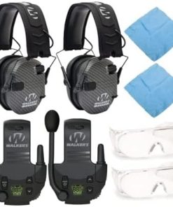 Walker's Razor Slim Electronic Muff (Carbon, 2-Pack) with Walkie-Talkie Attachments (2-Pack), Shooting Glasses (2-Pack) and Cleaning Cloths (2-Pack) Bundle (8 Items)