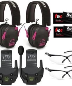 Walkers Razor Slim Electronic Muff (Black/Pink, 2-Pack) Bundle with Walker's Tactical/Hunting Walkie Talkie (2-Pack), Sport Shooting Glasses (2-Pack) and Microfiber Cleaning Cloth (2-Pack) (4 Items)
