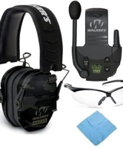 Walker's Razor Slim Electronic Shooting Muff (Kryptek Camo) Bundle with Walkie Talkie, Shooting Glasses, and Cleaning Cloth (4 Items)