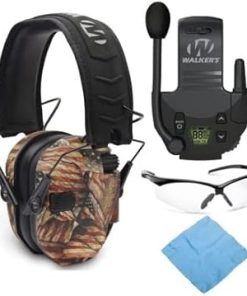 Walker's Razor Slim Electronic Shooting Muff (American Flag) Bundle with Walkie-Talkie Attachment, Shooting Glass and Cleaning Cloth (4 Items)