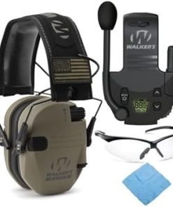 Walker's Razor Slim Electronic Shooting Muff (FDE Patriot Version) Bundle with Walkie Talkie, Shooting Glasses, and Cleaning Cloth (4 Items)