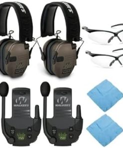 Walker's Razor Slim Electronic Muff (Flat Dark Earth, 2-Pack) Bundle with Tactical/Hunting Walkie Talkie (2-Pack), Sport Shooting Glasses (2-Pack) and Microfiber Cleaning Cloth (2-Pack) (8 Items)