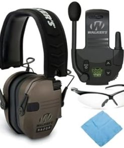 Walker's Razor Slim Electronic Shooting Muff (Flat Dark Earth) Bundle with Walkie Talkie, Shooting Glasses, and Cleaning Cloth (4 Items)