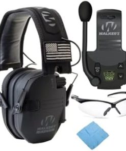 Walker's Razor Slim Electronic Muff (Black Patriot Version) Bundle with Walkie-Talkie Attachment, Shooting Glasses and Cleaning Cloth (4 Items)