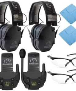 Walker's Razor Slim Electronic Muff (Black Patriot Version, 2-Pack) Bundle with Walkie-Talkie Attachments (2-Pack), Shooting Glasses (2-Pack) and Microfiber Cleaning Cloths (2-Pack) (8 Items)