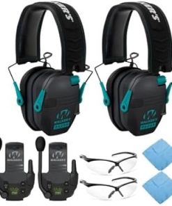 Walkers Razor Slim Electronic Muff (Black/Teal, 2-Pack) Bundle with Walkie-Talkie (2-Pack), Shooting Glasses (2-Pack) and Cleaning Cloth (2-Pack) (8 Items)