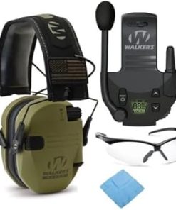 Walker's Razor Slim Electronic Muff (OD GRN Patriot) Tactical/Hunting Walkie Talkie, Sport Shooting Glasses and Microfiber Cleaning Cloth Bundle (4 Items)