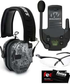 Walker's Razor Digital Ear Muffs (Raid Kryptek) Bundle with Walkie-Talkie and Sport Shooting Glasses (4 Items)