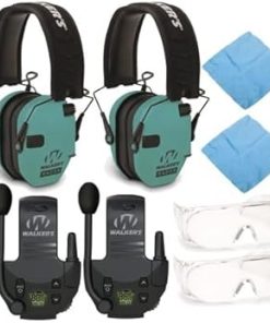 Walkers Razor Slim Electronic Shooting Muffs (Light Teal, 2-Pack) Bundle with Walkie Talkies (2-Pack), Shooting Glasses (2-Pack), and Cleaning Cloths (2-Pack) (8 Items)
