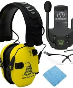 Walker's Razor Shooting Muff (Don't Tread On Me Yellow) Bundle with Tactical/Hunting Walkie Talkie Attachment, Sport Shooting Glasses, and Microfiber Cleaning Cloth (4 Items)