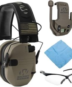 Walker's Razor Slim Electronic Muff (FDE Patriot Version) Bundle Razor Walkie Talkie Attachment, Crosshair Sport Shooting Glasses (Clear), and Microfiber Cleaning Cloth (4 Items)