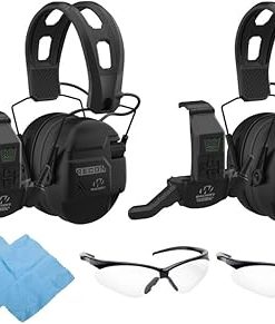 Walker's Recon Low-Profile Digital Electronic Muff with SAC Technology (Black) (2-Pack) Bundle with Recon Walkie Talkie (2-Pack), Sport Glasses (Clear) (2-Pack), and Cleaning Cloth (2-Pack) (8 Items)