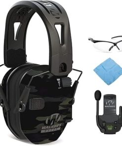 Walker's Razor Tacti-Grip Lightweight Shooting Hunting Range Slim Hearing Protection Muff (Multi Camo Gray) Bundle with Muff Walkie Talkie, Shooting Glasses and Cleaning Cloth (4 Items)
