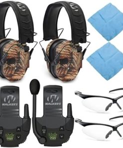 Walker's Razor Slim Electronic Shooting Muff (American Flag, 2-Pack) Bundle with Walkie-Talkie Attachment (2-Pack), Shooting Glass (2-Pack) and Cleaning Cloth (2-Pack) (8 Items)
