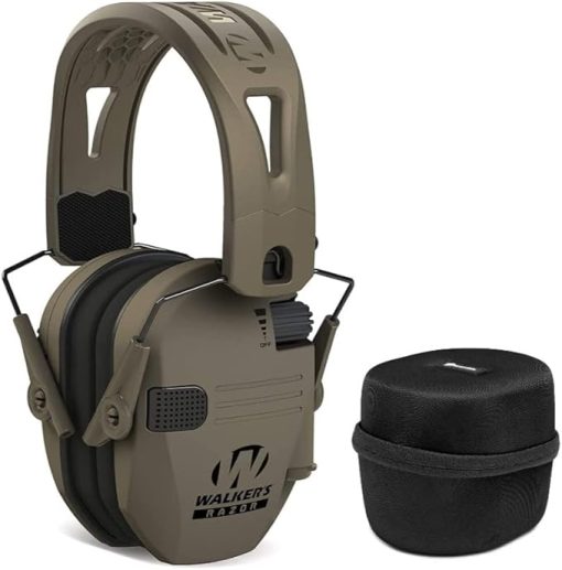 Walkers Razor Tacti-Grip Lightweight Shooting Hunting Range Slim Hearing Protection Muff (Flat Dark Earth) with FDE Rubber Headband Bundle with Hearing Protection Case (2 Items)