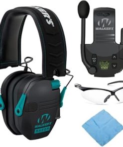 Walker's Razor Slim Electronic Muff (Black/Teal) Bundle with Walkie Talkie, Shooting Glasses, and Cleaning Cloth (4 Items)