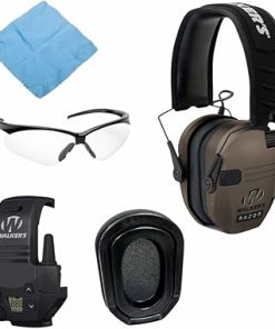 Walkers Razor Slim Electronic Muff (Flat Dark Earth) Bundle with Walkie Talkie, Sport Shooting Glasses, and Cleaning Cloth (4 Items)