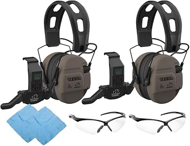 Walker's Recon Low-Profile Digital Electronic Muff with SAC Tech (Flat Dark Earth) (2-Pack) Bundle with Walkie Talkie (2-Pack), Sport Glasses (Clear) (2-Pack), and Cleaning Cloth (2-Pack) (8 Items)