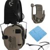 Walker's Razor Digital Electronic Ear Muff (US Flag-FDE) Bundle with 22-Channel Walkie Talkie Attachment (Flat Dark Earth), Sport Glasses (Clear), and Microfiber Cleaning Cloth (4 Items)