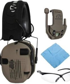 Walker's Razor Digital Electronic Ear Muff (US Flag-FDE) Bundle with 22-Channel Walkie Talkie Attachment (Flat Dark Earth), Sport Glasses (Clear), and Microfiber Cleaning Cloth (4 Items)
