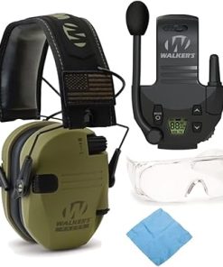 Walkers Razor Slim Electronic Muff (OD GRN Patriot) with Tactical/Hunting Walkie Talkie, Sport Shooting Glasses, Microfiber Cleaning Cloth Bundle (4 Items)