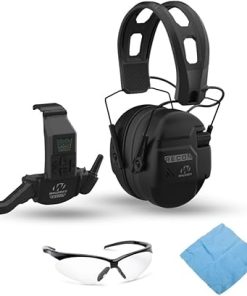 Walker's Recon Low-Profile Digital Electronic Muff with SAC Technology and NRR 26 (Black) Bundle with Recon Walkie Talkie, Sport Glasses (Clear), and Cleaning Cloth (4 Items)