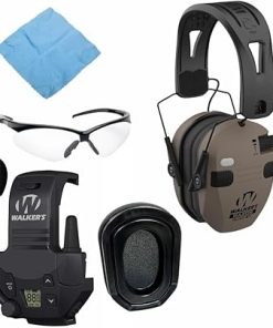 Walker's Razor Slim Quad Electronic Earmuffs with Bluetooth Technology (FDE) Bundle with Razor Walkie Talkie Attachment, Gel Ear Pad (Black), Sport Shooting Glasses, and Cleaning Cloth (5 Items)