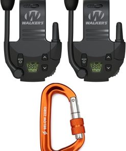 Walker's Tactical/Hunting 2-Mile Range Walkie Talkie, Compatible with Razor Muffs (2-Pack) Bundle with Heavy-Duty Carabiner (3 Items)