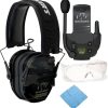 Walkers Razor Slim Electronic Muff (MultiCam Camo Gray) Bundle with Tactical/Hunting Walkie Talkie, Sport Shooting Glasses and Microfiber Cleaning Cloth Bundle (4 Items)