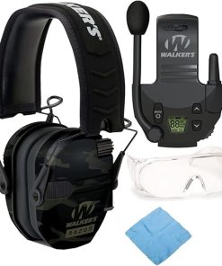 Walkers Razor Slim Electronic Muff (MultiCam Camo Gray) Bundle with Tactical/Hunting Walkie Talkie, Sport Shooting Glasses and Microfiber Cleaning Cloth Bundle (4 Items)