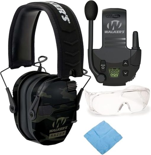 Walkers Razor Slim Electronic Muff (MultiCam Camo Gray) Bundle with Tactical/Hunting Walkie Talkie, Sport Shooting Glasses and Microfiber Cleaning Cloth Bundle (4 Items)