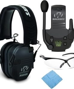 Walker's Razor Slim Electronic Muff (Black) Bundle with Tactical/Hunting Walkie Talkie, Sport Shooting Glasses, and Microfiber Cleaning Cloth (4 Items)