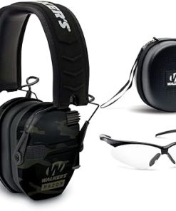 Walker's Razor Slim Electronic Muff (Multicam Camo Gray) with Case and Shooting Glasses Bundle (3 Items)