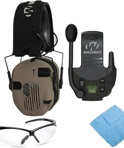 Walker's Razor Slim Electronic Muff (US Flag-FDE) Bundle with Tactical/Hunting Walkie Talkie Attachment, Glasses and Microfiber Cleaning Cloth (4 Items)