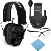 Walker's Razor Slim Electronic Muff (MultiCam Camo Gray) Bundle with Walkie-Talkie Attachment, Shooting Glasses and Cleaning Cloth (4 Items)