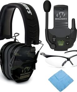 Walker's Razor Slim Electronic Muff (MultiCam Camo Gray) Bundle with Walkie-Talkie Attachment, Shooting Glasses and Cleaning Cloth (4 Items)