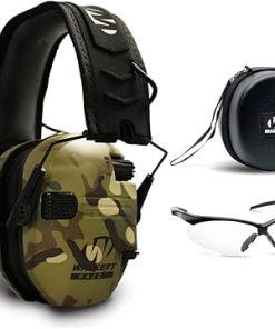 Walker's Razor Slim Electronic Muff (Multicam Camo Tan) with Case and Shooting Glasses Bundle (3 Items)