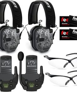 Walker's Razor Slim Electronic Muffs (Raid, 2-Pack) Bundle with Walkie Talkies (2-Pack), Glasses (2-Pack), and Cleaning Cloth (2-Pack) (8 Items)