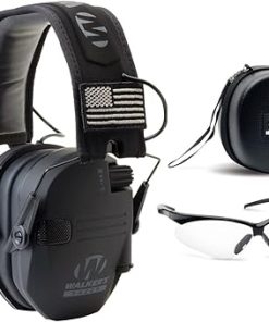Walker's Razor Slim Electronic Muff (Black Patriot) with Case and Shooting Glasses Bundle (3 Items)