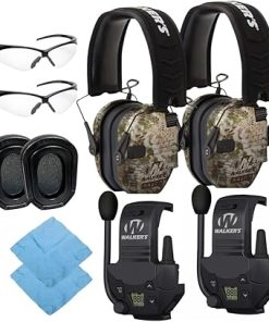 Walkers Razor Slim Electronic Muff (Kryptek Camo, 2-Pack) Bundle with Walker's Tactical/Hunting Walkie Talkie (2-Pack), Sport Shooting Glasses (2-Pack) and Microfiber Cleaning Cloth (2-Pack) (8 Items)