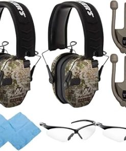 Walker's Razor Slim Electronic Muff (Kryptek Camo) (2-Pack) Bundle with Walkie Talkie Attachment (Flat Dark Earth) (2-Pack), Sport Glasses (Clear) (2-Pack), and Cleaning Cloth (2-Pack) (8 Items)
