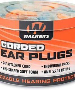 Walker's Corded Foam Earplugs 50 Pair Jar Dispenser Tub 32dB NRR Noise-Blocking ANSI S3.19 Hearing Protection Shooting Hunting Work Soft Comfortable 24" PVC Cord
