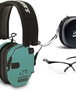 Walkers Razor Slim Electronic Shooting Range Earmuffs (Teal) with Case and Glasses Bundle (3 Items)