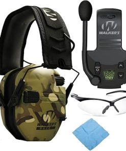Walker's Razor Slim Electronic Muff (MultiCam Camo Tan) Bundle with Walkie-Talkie Attachment, Shooting Glasses and Cleaning Cloth (4 Items)