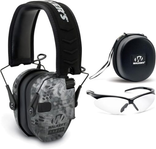 Walker's Razor Slim Electronic Muff (Raid) with Case and Shooting Glasses Bundle (3 Items)
