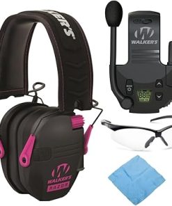 Walker's Razor Slim Electronic Muffs (Pink) Bundle with Walkie Talkie and Shooting Glasses (Clear) (4 Items)
