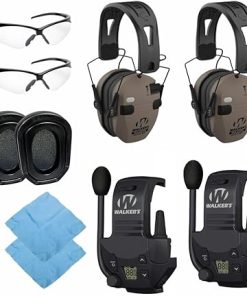 Walker's Razor Slim Quad Electronic Earmuffs with Bluetooth (FDE, 2-Pack) Bundle with Walkie Talkie Attachment (2-Pack), Ear Pad (Black,2-Pack), Glasses (2-Pack), and Cloth (2-Pack) (10 Items)