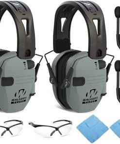 Walker's Razor Tacti-Grip Slim Hearing Protection Muff (Battleship Gray) with Rubber Headband Bundle with Muff Walkie Talkie, Shooting Glasses and Cleaning Cloth (2-Pack)(8 Items)