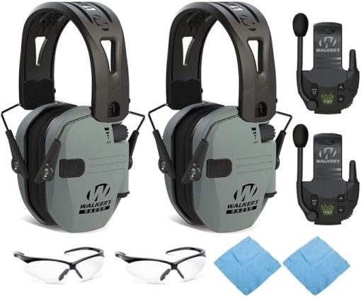Walker's Razor Tacti-Grip Slim Hearing Protection Muff (Battleship Gray) with Rubber Headband Bundle with Muff Walkie Talkie, Shooting Glasses and Cleaning Cloth (2-Pack)(8 Items)
